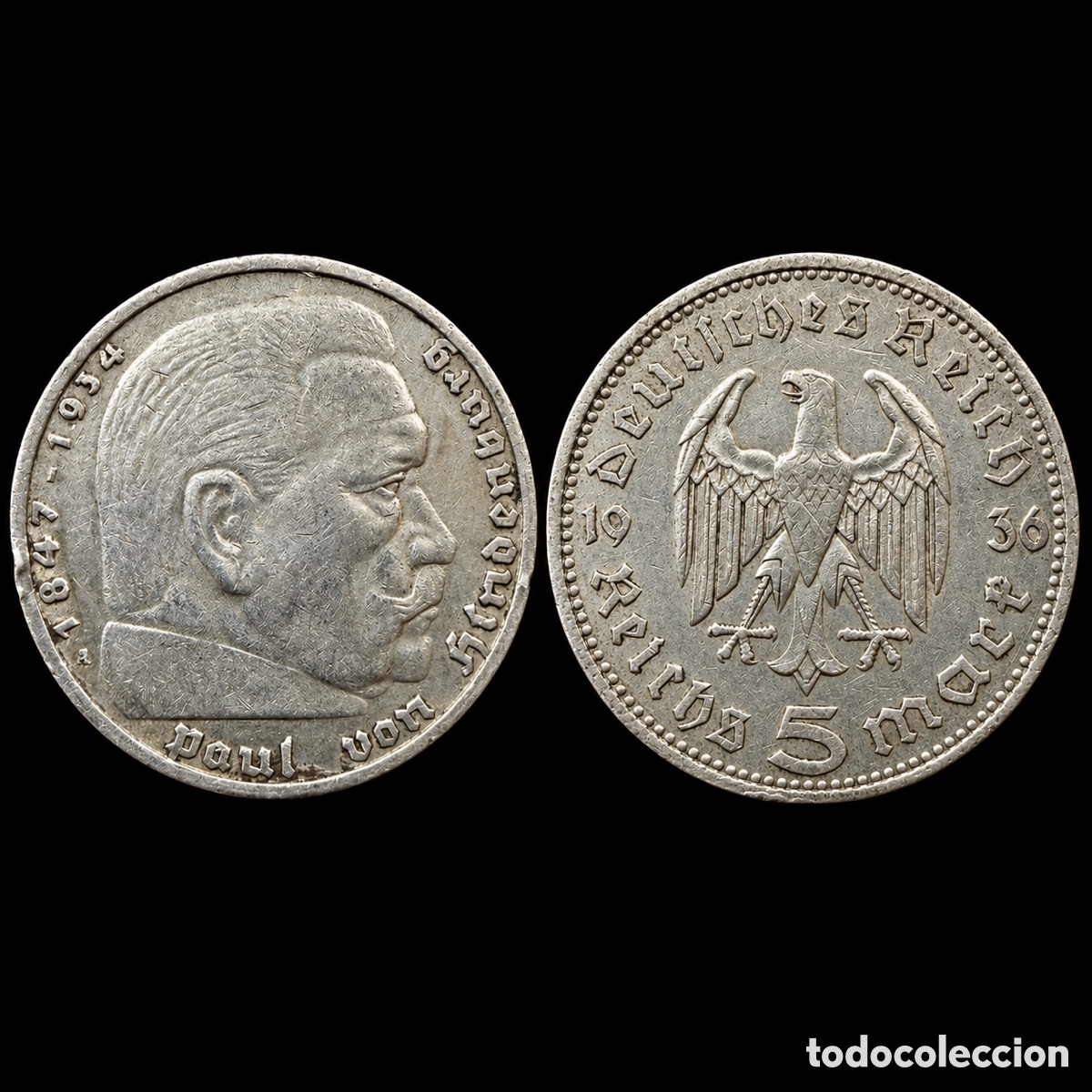 Monedas antiguas de Europa: 5 Reichsmark Paul Von Hindenburg 1936 A Alemania Berl&iacute;n.