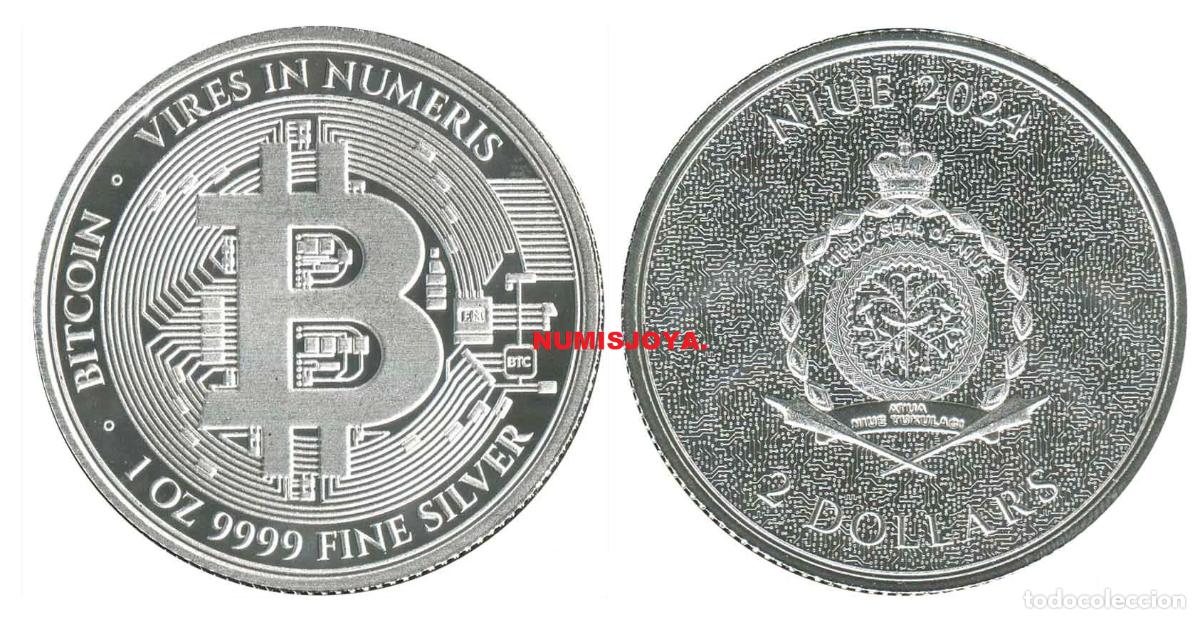 Moedas antigas da Oce&acirc;nia: NIUE a&ntilde;o 2024. 2 D&Oacute;LAR onza plata. Peso 31,10 gr. Ley 999. BITCOIN.
