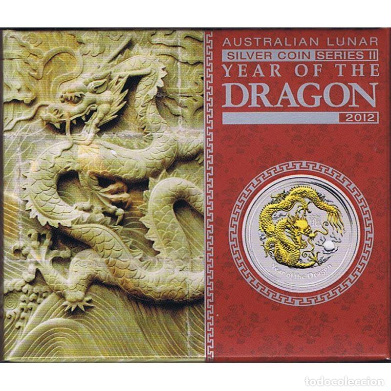 Monedas antiguas de Ocean&iacute;a: AUSTRALIA 1$ ONZA DE PLATA COLOR 2012 SERIE LUNAR II DRAGON AMARILLO