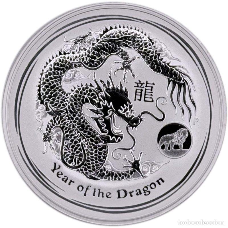 Monedas antiguas de Ocean&iacute;a: AUSTRALIA 1$ ONZA DE PLATA 2012 SERIE LUNAR II DRAGON MARCA LEON