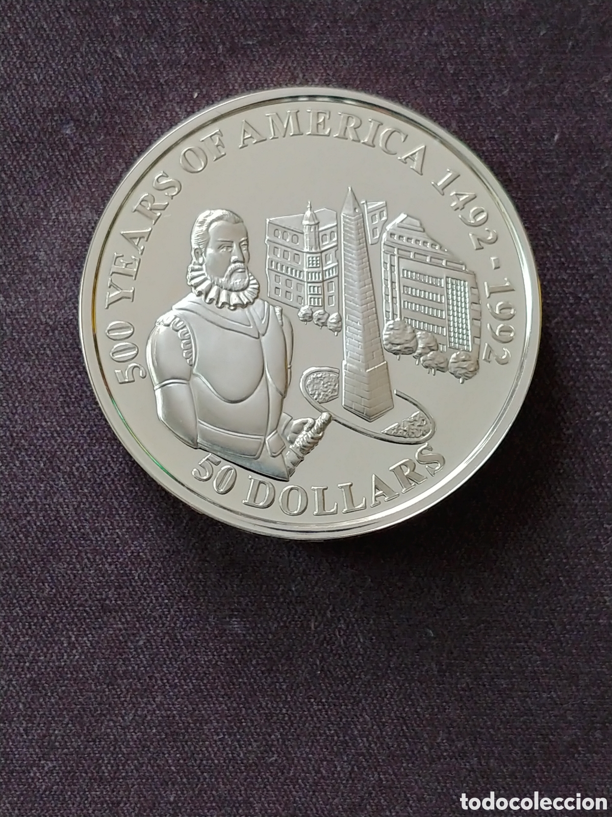 Monedas antiguas de Ocean&iacute;a: Cook Islands, &rdquo;500 Years of America&rdquo;, 50 Dollars 1992, Ag .925 mls, 1 Oz, Proof