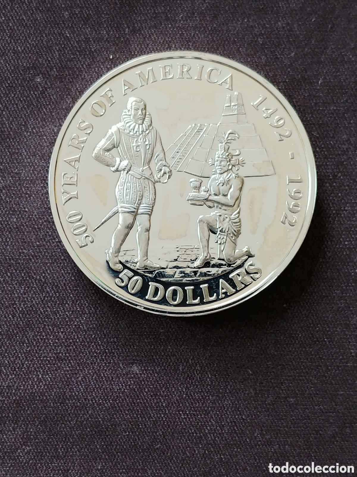 Monedas antiguas de Ocean&iacute;a: Cook Islands, &rdquo;500&deg; Aniversario descubrimiento de America&rdquo;, 50 Dollars 1992, Ag .925 mls., 1 Oz. Pro