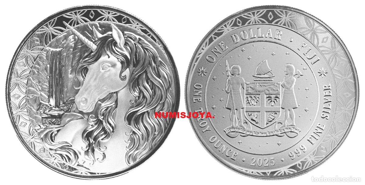 Monedas antiguas de Ocean&iacute;a: FIJI ONE DOLLAR 2025 ONZA PLATA Ley 999/1000. Peso 31,10 gr. UNICORNIO.