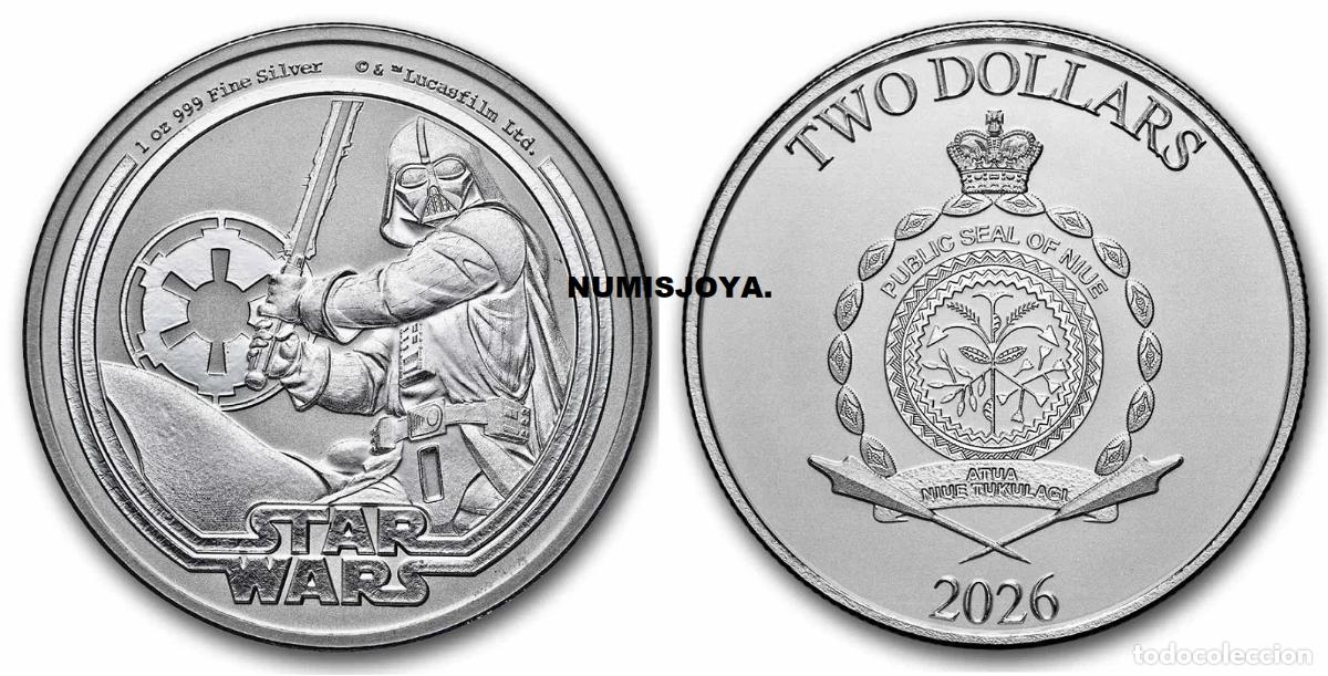 Monedas antiguas de Ocean&iacute;a: NIUE a&ntilde;o 2026. 2 D&Oacute;LAR onza plata. Peso 31,10 gr. Ley 999. STAR WARS DARTH VADER.