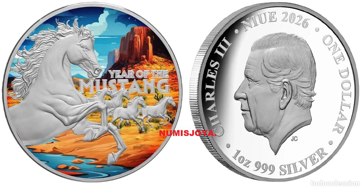 Monedas antiguas de Ocean&iacute;a: NIUE a&ntilde;o 2026. 1 D&Oacute;LAR onza plata. Peso 31,10 gr. Serie Lunar Americana MUSTANG. SOLO 500 PIEZAS.