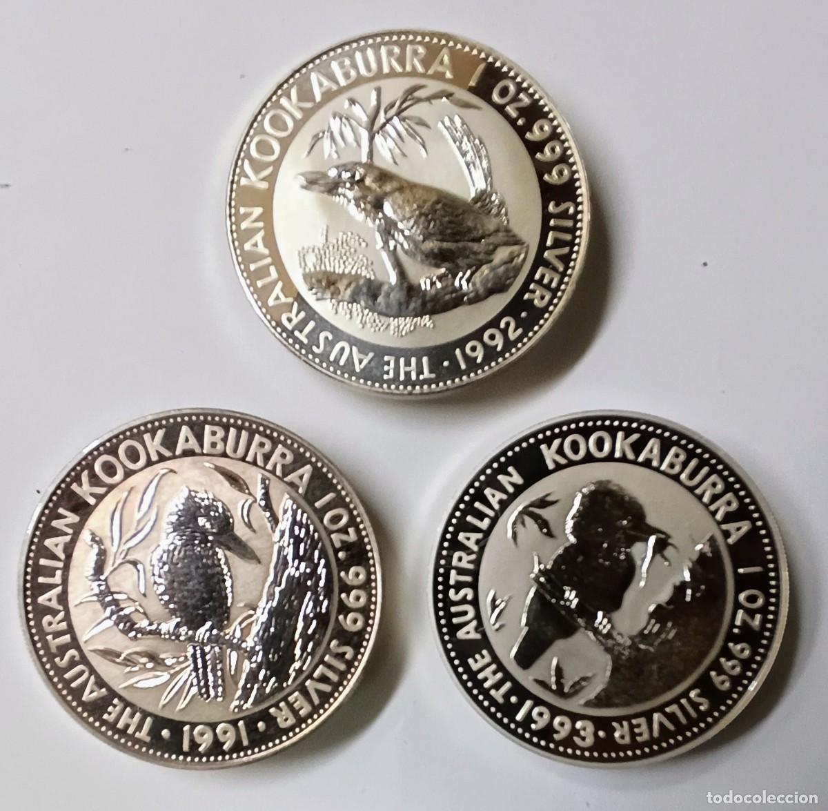 Monedas antiguas de Ocean&iacute;a: AUSTRALIA. 3 MONEDAS DE PLATA (0,999) DE LA SERIE KOOKABURRA. 1991, 1992 Y 1993.
