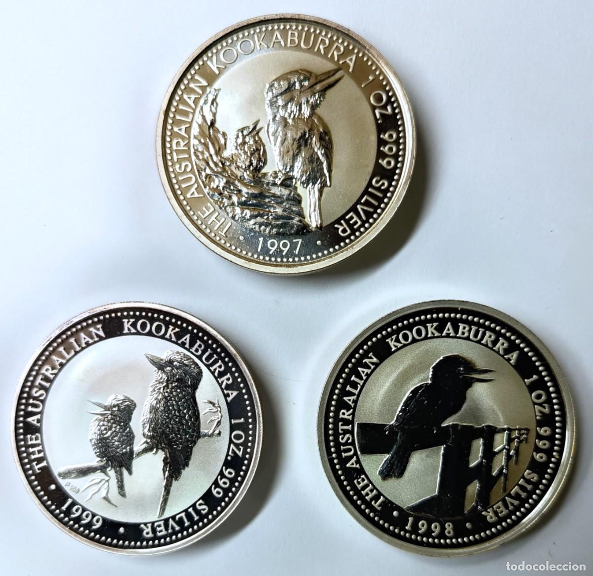 Monedas antiguas de Ocean&iacute;a: AUSTRALIA. 3 MONEDAS DE PLATA (0,999) DE LA SERIE KOOKABURRA. 1997, 1998 Y 1999.