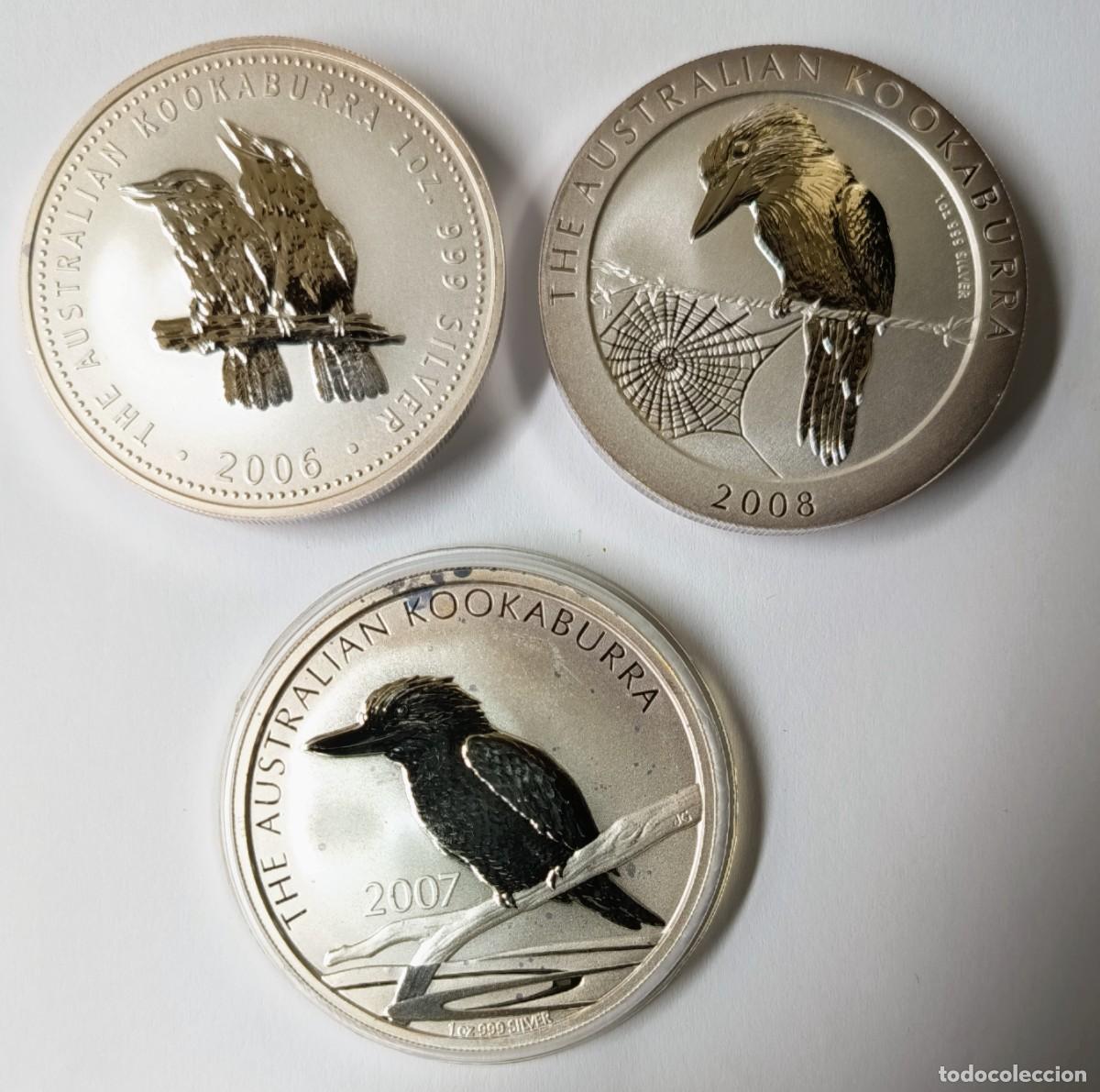 Monedas antiguas de Ocean&iacute;a: AUSTRALIA. 3 MONEDAS DE PLATA (0,999) DE LA SERIE KOOKABURRA. 2006, 2007 Y 2008.
