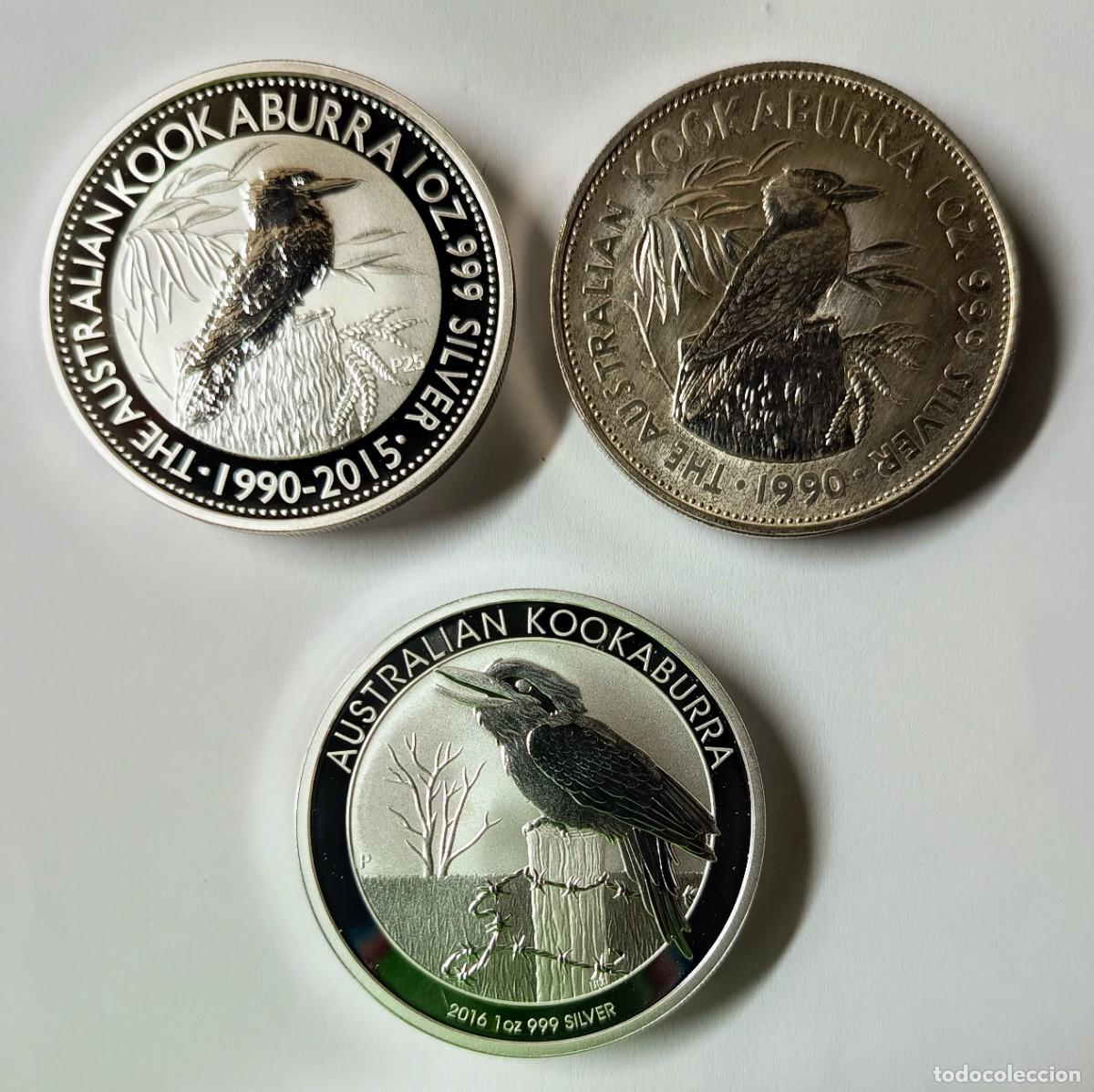 Monedas antiguas de Ocean&iacute;a: AUSTRALIA. 3 MONEDAS PLATA 0,999. KOOKABURRA: 1990 (1&ordf; MONEDA SERIE), 2015 (25 ANIVERSARIO) Y 2016