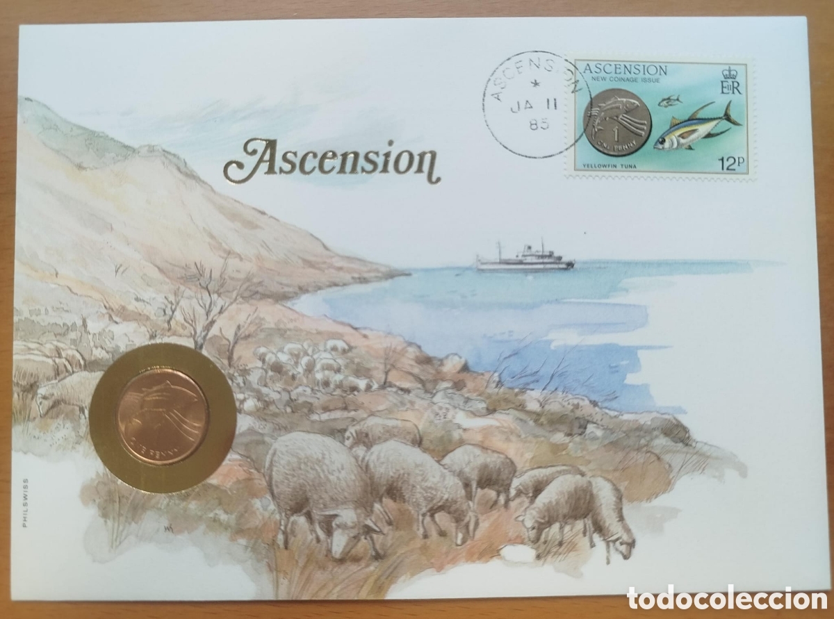 Monedas antiguas de Ocean&iacute;a: Sobre Numism&aacute;tico Isla De Ascensi&oacute;n 1985 Philswiss - Moneda 1 Penny Y Sello