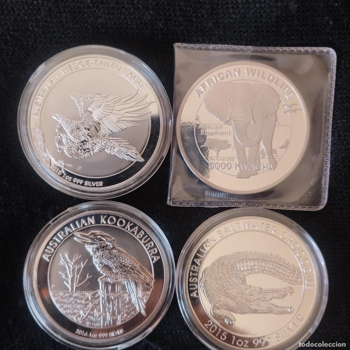 Moedas antigas da Oce&acirc;nia: Lote de 4 monedas 1 onza,Australia y Zambia,r&eacute;plica, ba&ntilde;o en plata