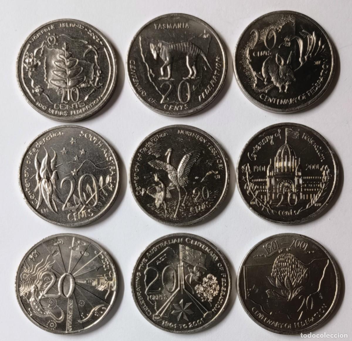 Monedas antiguas de Ocean&iacute;a: AUSTRALIA. COMPLETO CONJUNTO: 18 MONEDAS DE 20 Y 50 Cents 2001. SERIE &ldquo;CENTENARIO DE LA FEDERACI&Oacute;N&rdquo;