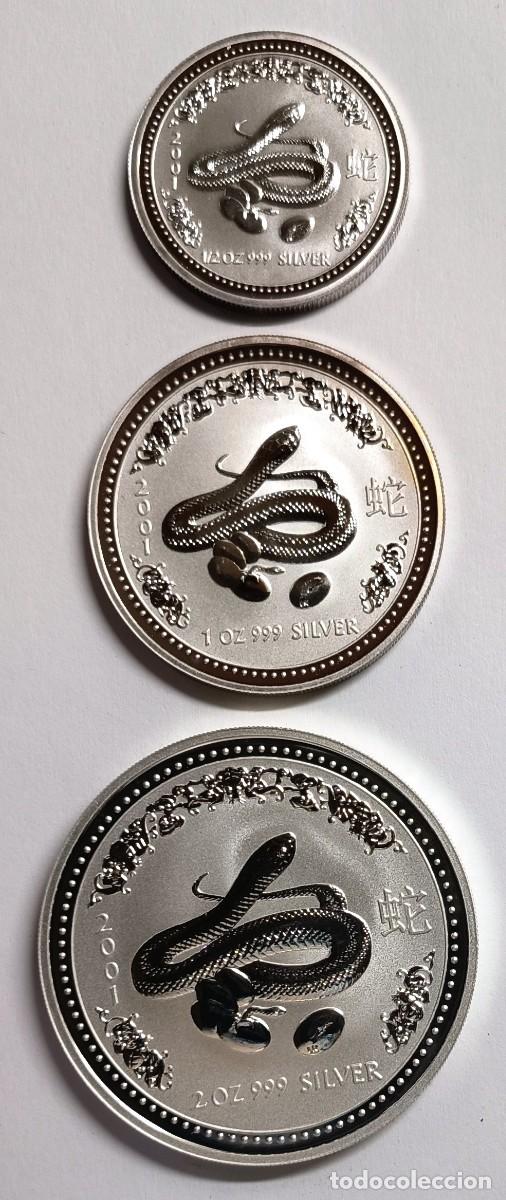 Monedas antiguas de Ocean&iacute;a: AUSTRALIA. 3 MONEDAS DE PLATA (0,999) CALENDARIO LUNAR 2001: &frac12; OZ, 1 Oz. Y 2 Oz. (50 C., 1 y 2$)