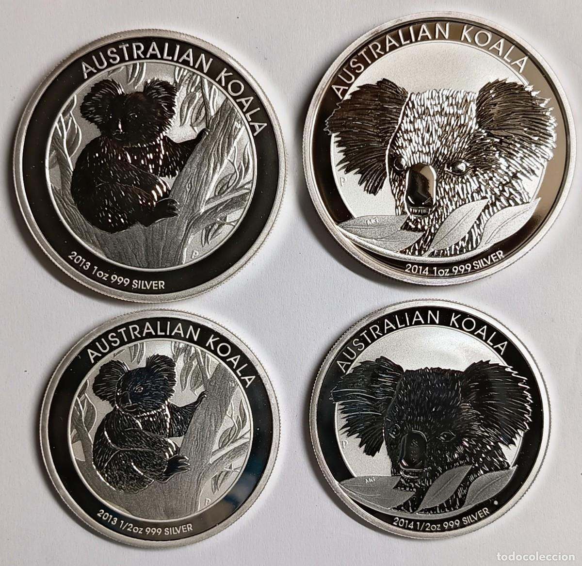 Monedas antiguas de Ocean&iacute;a: AUSTRALIA. 4 MONEDAS DE PLATA (0,999) DE LA SERIE KOALA 2013 Y 2014 (50 Cents y 1 Dollar)
