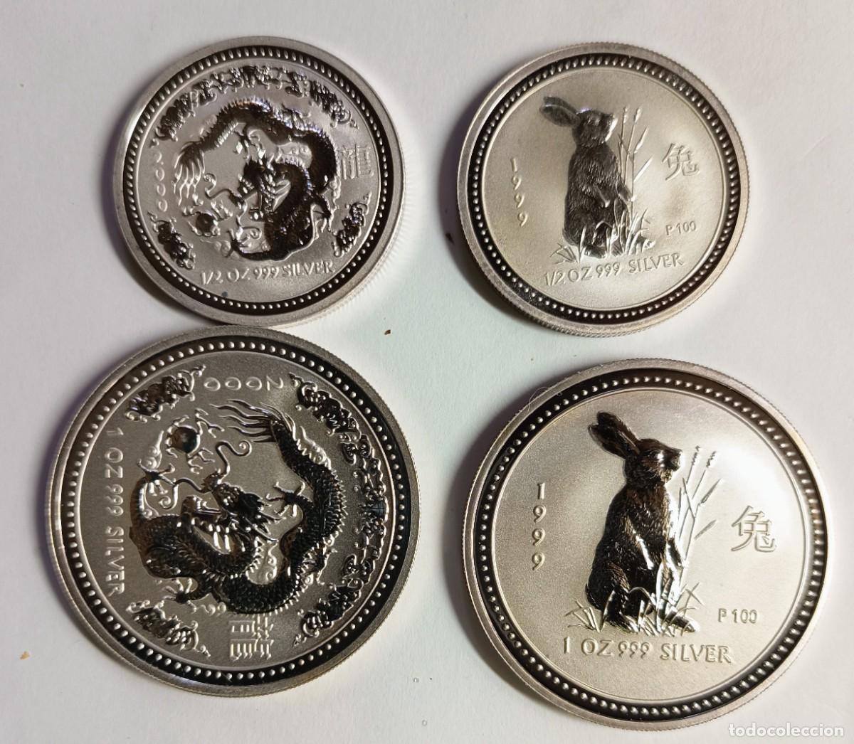 Monedas antiguas de Ocean&iacute;a: AUSTRALIA. 4 MONEDAS DE PLATA (0,999): CALENDARIO LUNAR (2) : 50 C. 1 D&oacute;lar. 1999 y 2000. A&Ntilde;OS CLAVE