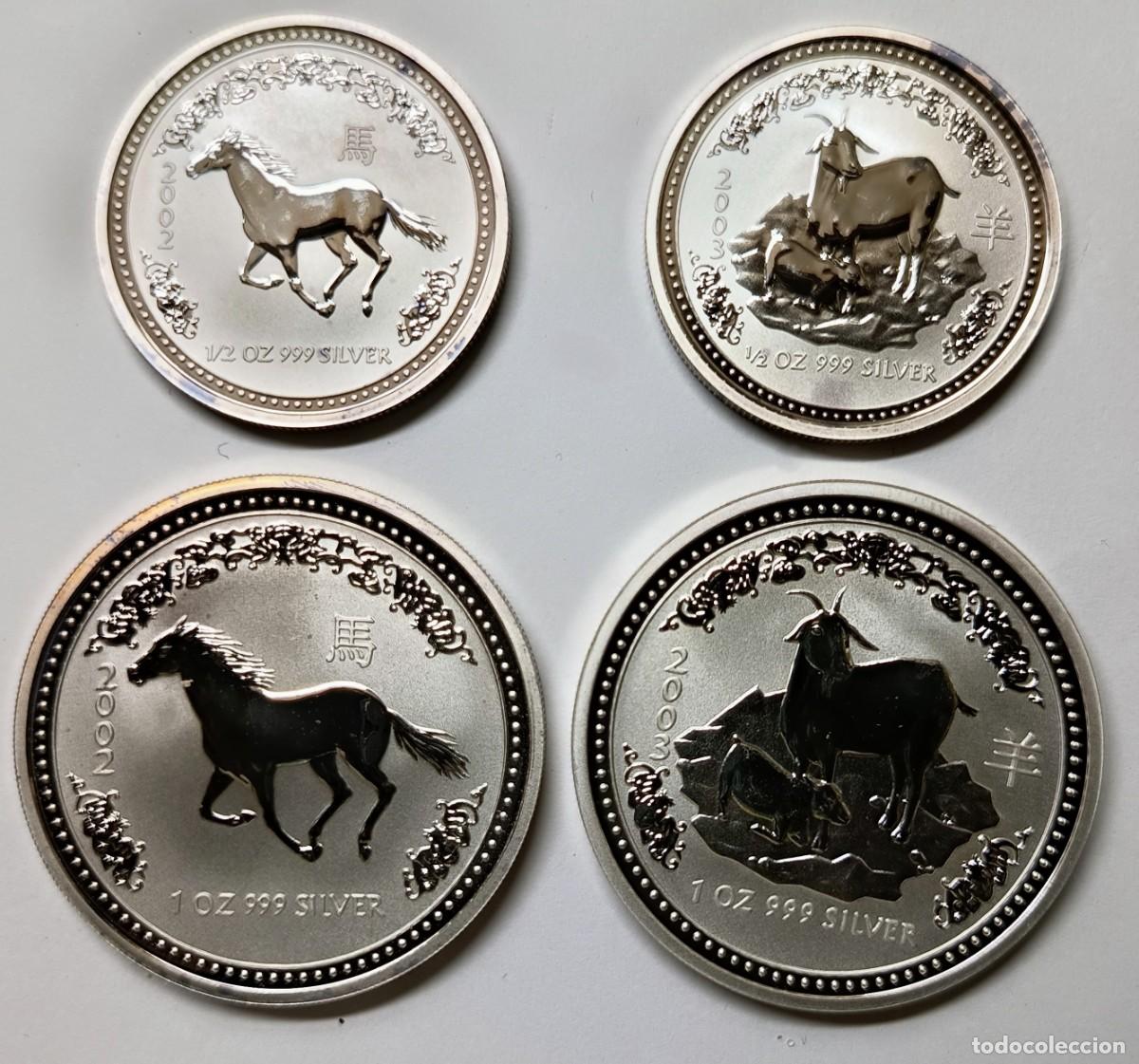 Old Coins of Oceania: AUSTRALIA. 4 MONEDAS DE PLATA (0,999): CALENDARIO LUNAR (3): 50 Cents, 1 D&oacute;lar. 2002 y 2003
