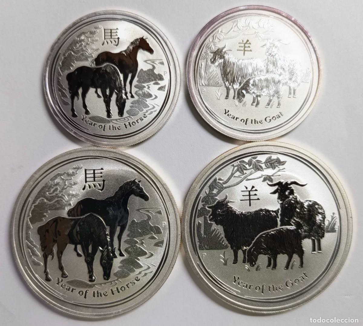 Monedas antiguas de Ocean&iacute;a: AUSTRALIA. 4 MONEDAS DE PLATA (0,999): CALENDARIO LUNAR (10): 50 Cents, 1 D&oacute;lar. 2014 y 2015