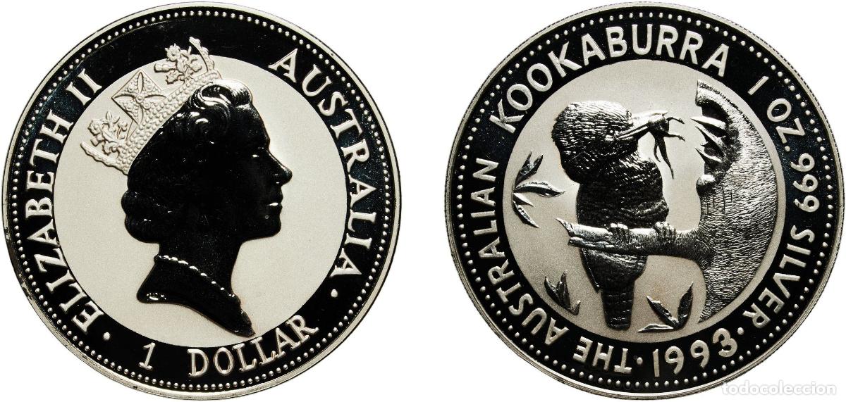 Monedas antiguas de Ocean&iacute;a: Australia 1993 1 Dollar - Elizabeth II (3rd Portrait - Australian Kookaburra) Silver (.999) Perth M