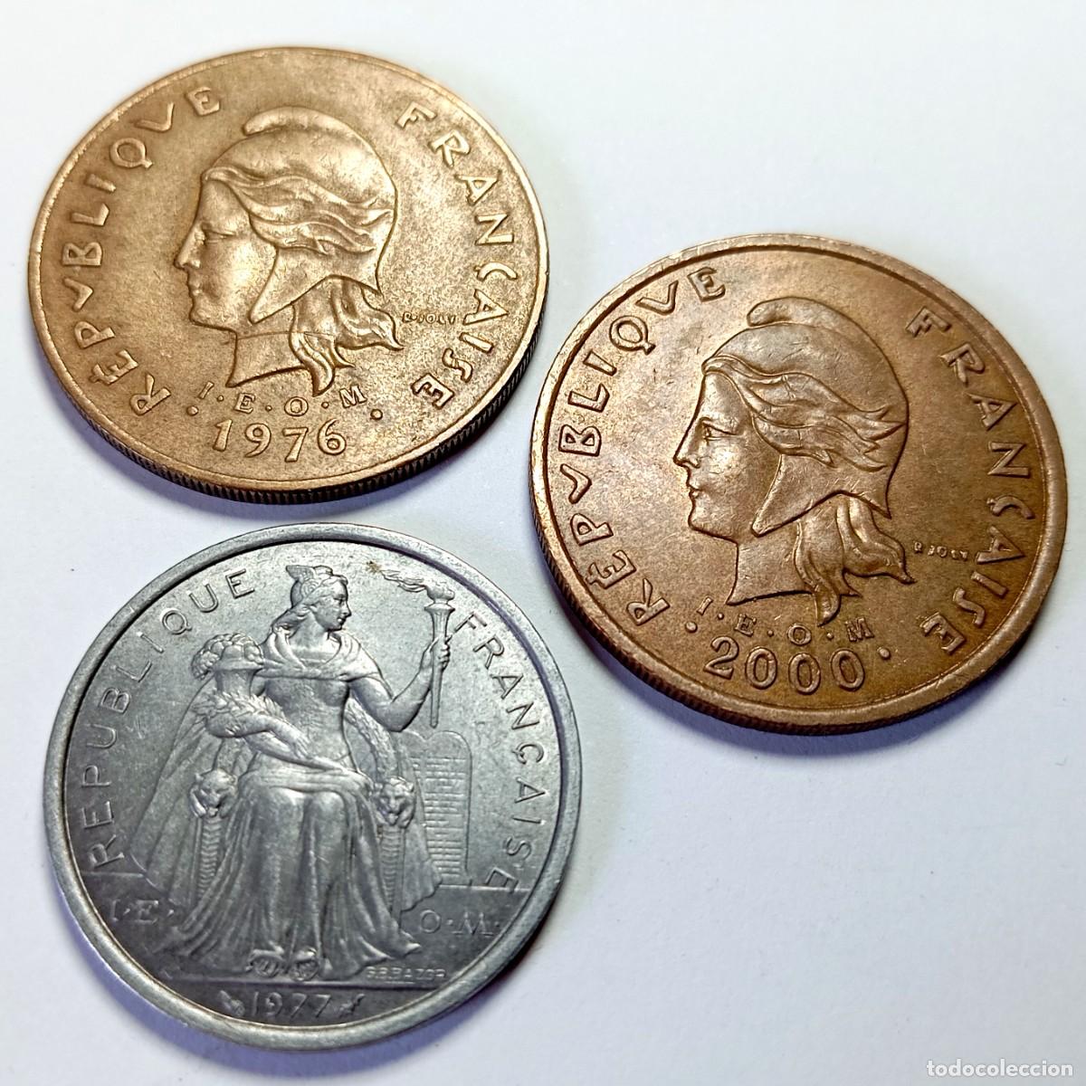 Monedas antiguas de Ocean&iacute;a: ⚜️ BBG3 8. Lote 3 Monedas Coloniales Francesas Nueva Caledonia y Polinesia 100 Francs 2 Francs