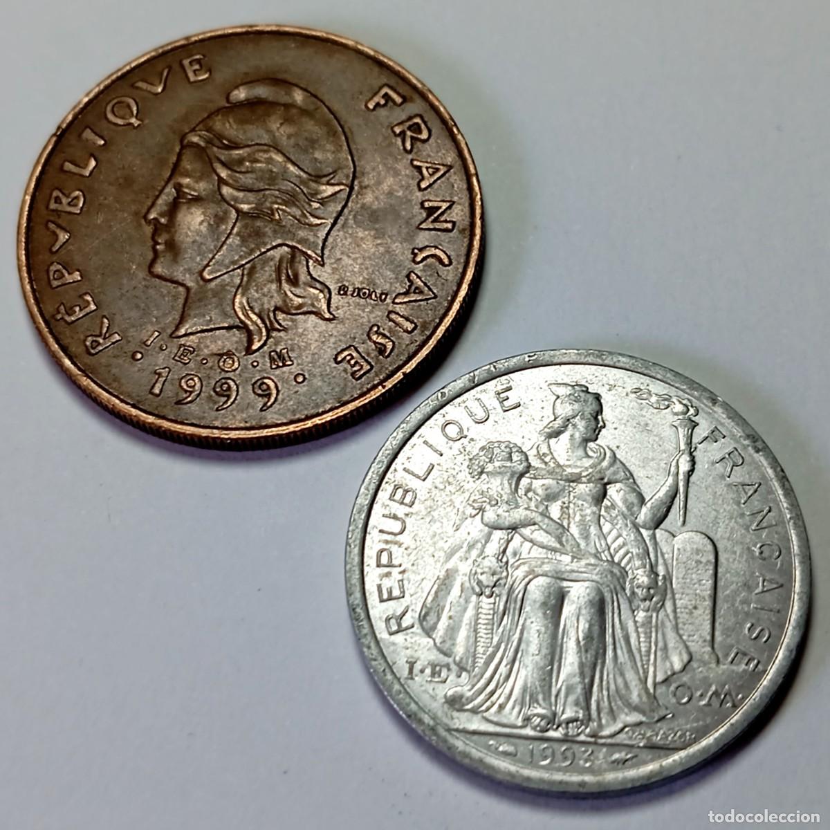 Monedas antiguas de Ocean&iacute;a: ⚜️ BBG4 1. Lote 2 Monedas Coloniales Francesas Polinesia 100 y 2 Francs 1999 1993 Polynesia Francs