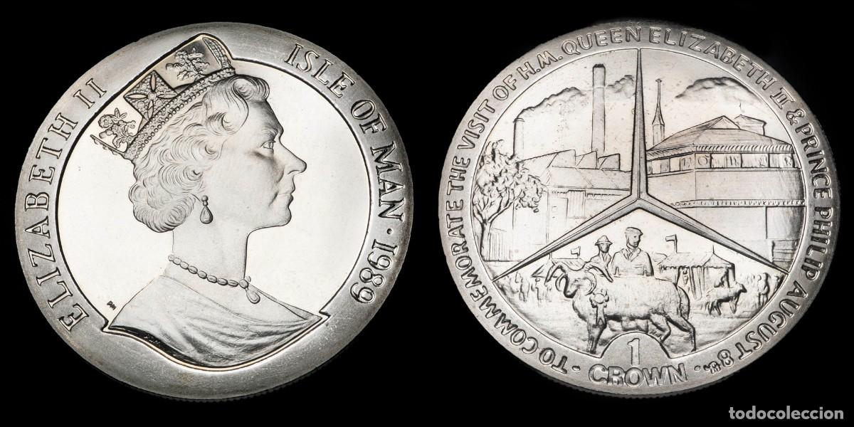 Monedas antiguas de Ocean&iacute;a: 1989, Elizabeth II 1 Crown. Royal Visit Isle of Man - 38 mm / 28,52 gr.