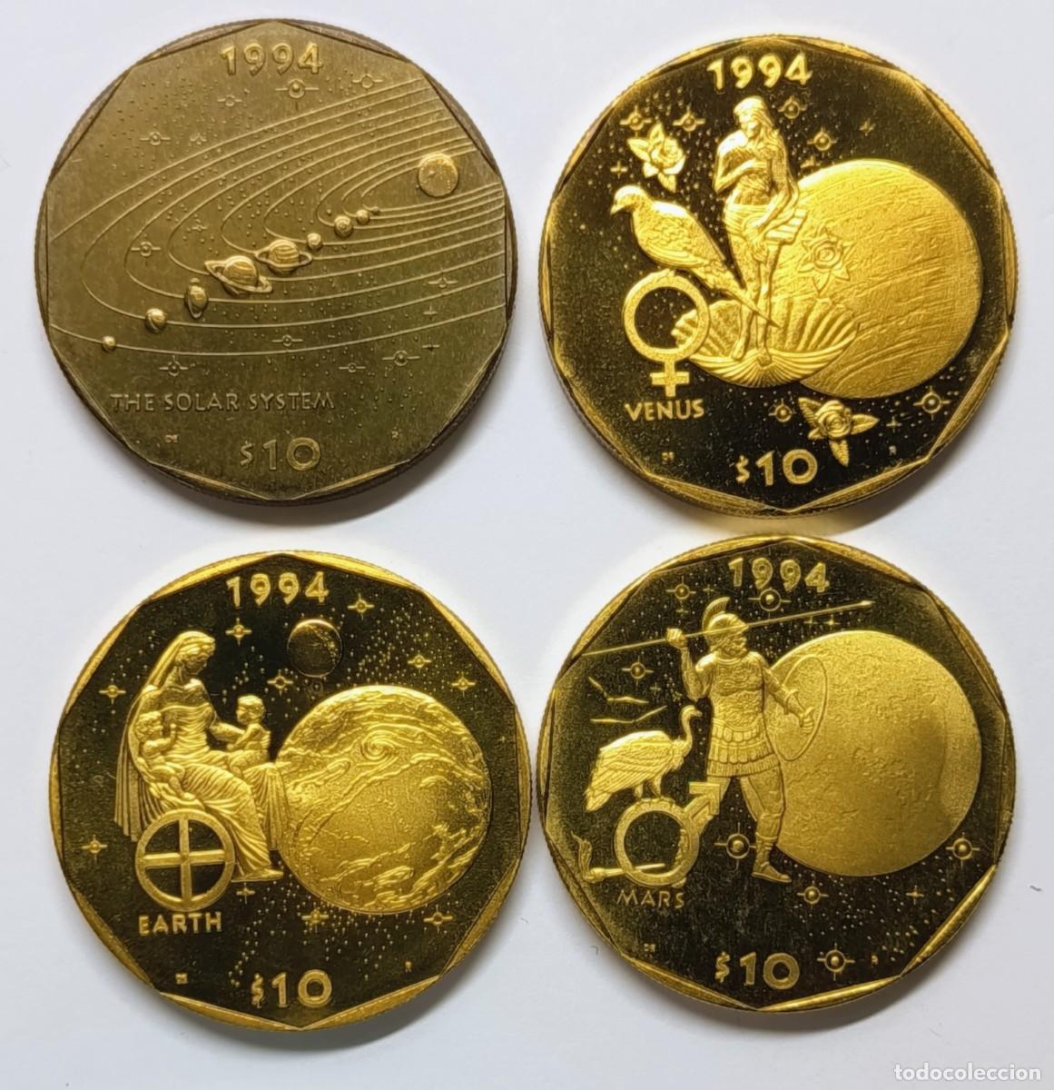 Monedas antiguas de Ocean&iacute;a: REP&Uacute;BLICA DE ISLAS MARSHALL (6). 4 MONEDAS DE 10 $. 1994. Brass (lat&oacute;n). Prooflike