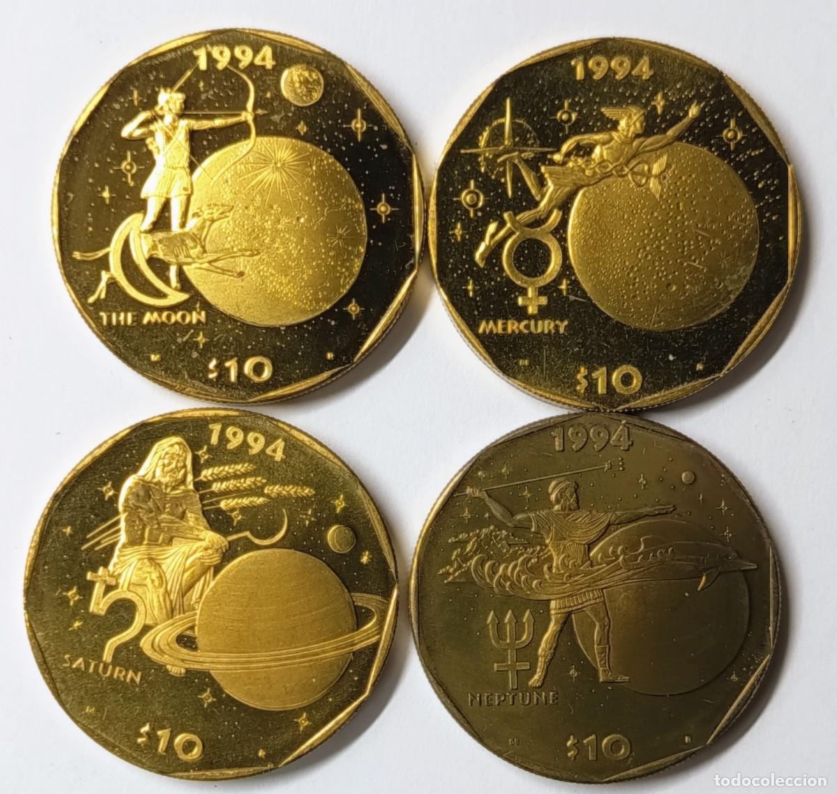 Monedas antiguas de Ocean&iacute;a: REP&Uacute;BLICA DE ISLAS MARSHALL (7). 4 MONEDAS DE 10 $. 1994. Brass (lat&oacute;n). Prooflike