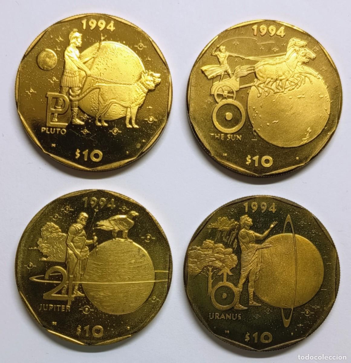 Monedas antiguas de Ocean&iacute;a: REP&Uacute;BLICA DE ISLAS MARSHALL (8). 4 MONEDAS DE 10 $. 1994. Brass (lat&oacute;n). Prooflike