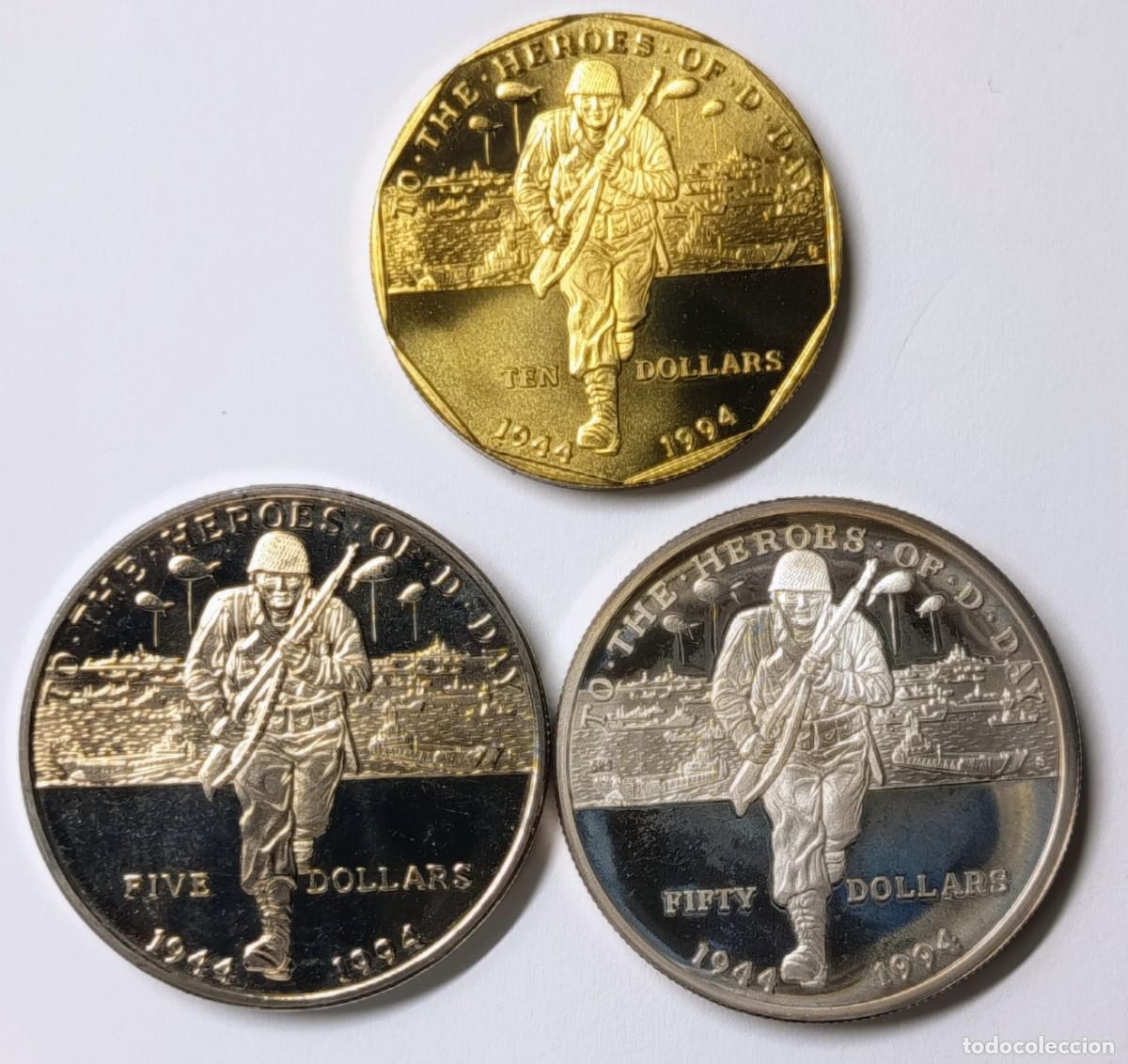 Monedas antiguas de Ocean&iacute;a: REP&Uacute;BLICA DE ISLAS MARSHALL (10). 3 MONEDAS DE 5, 10 y 50 $. PLATA. 1994. SERIE THE HEROES OF D DAY