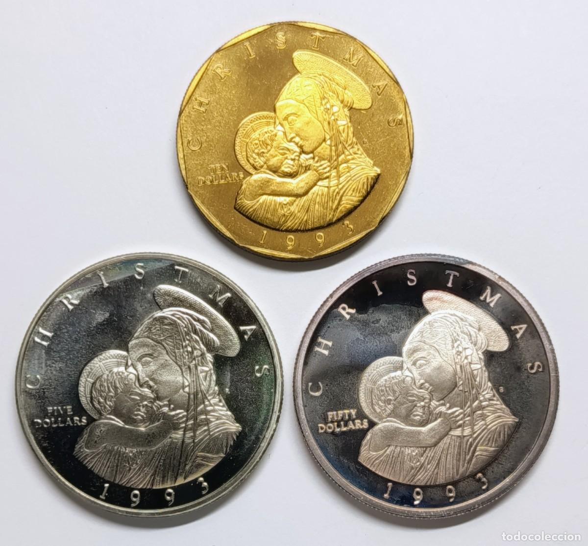 Monedas antiguas de Ocean&iacute;a: REP&Uacute;BLICA DE ISLAS MARSHALL (11). 3 MONEDAS DE 5, 10 y 50 $. CON PLATA. 1993. &ldquo;CHRISTMAS&rdquo;