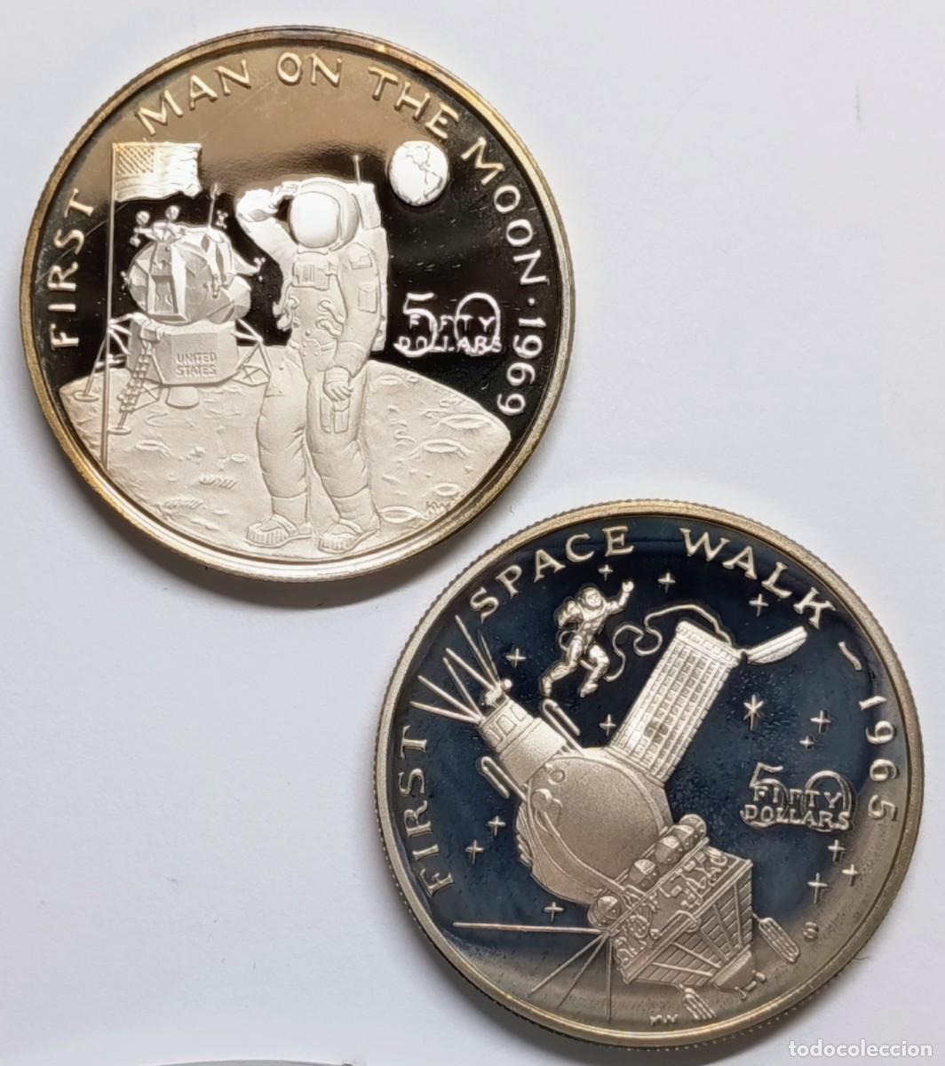 Monedas antiguas de Ocean&iacute;a: REP&Uacute;BLICA DE ISLAS MARSHALL (12). 2 MONEDAS DE 50$. PLATA ,999. 1989. &ldquo;CONQUISTA DEL ESPACIO&rdquo;