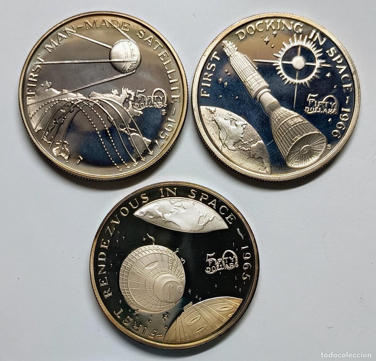 Monedas antiguas de Ocean&iacute;a: REP&Uacute;BLICA DE ISLAS MARSHALL (13). 3 MONEDAS DE 50$. PLATA ,999. 1989. &ldquo;CONQUISTA DEL ESPACIO&rdquo;