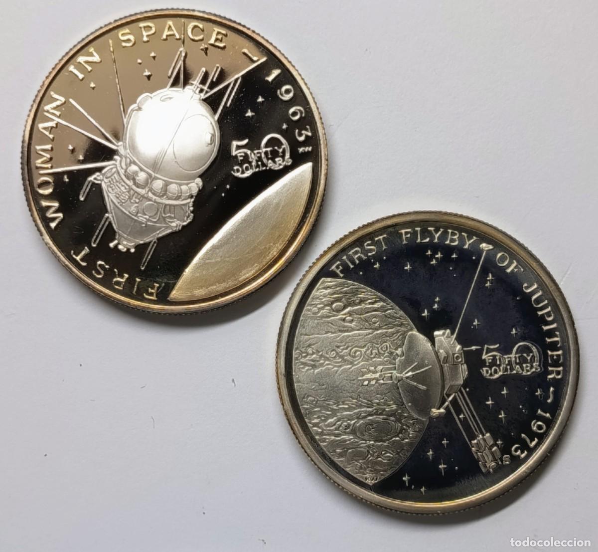 Monedas antiguas de Ocean&iacute;a: REP&Uacute;BLICA DE ISLAS MARSHALL (14). 2 MONEDAS DE 50$. PLATA ,999. 1989. &ldquo;CONQUISTA DEL ESPACIO&rdquo;