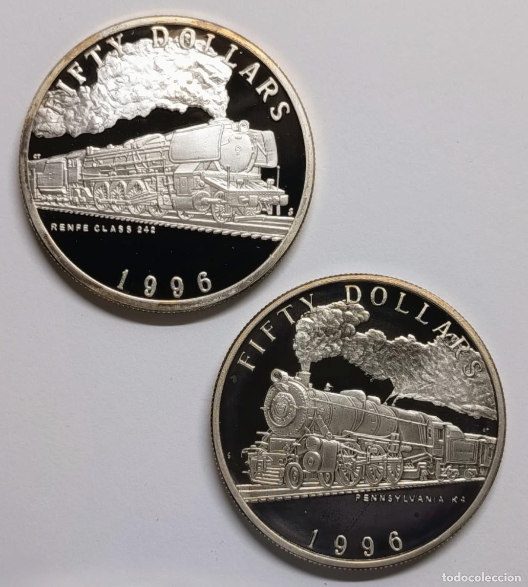 Monedas antiguas de Ocean&iacute;a: REP&Uacute;BLICA DE ISLAS MARSHALL (17). 2 MONEDAS DE 50$. PLATA ,999. 1989. &ldquo;STEAM LOCOMOTIVES&rdquo;