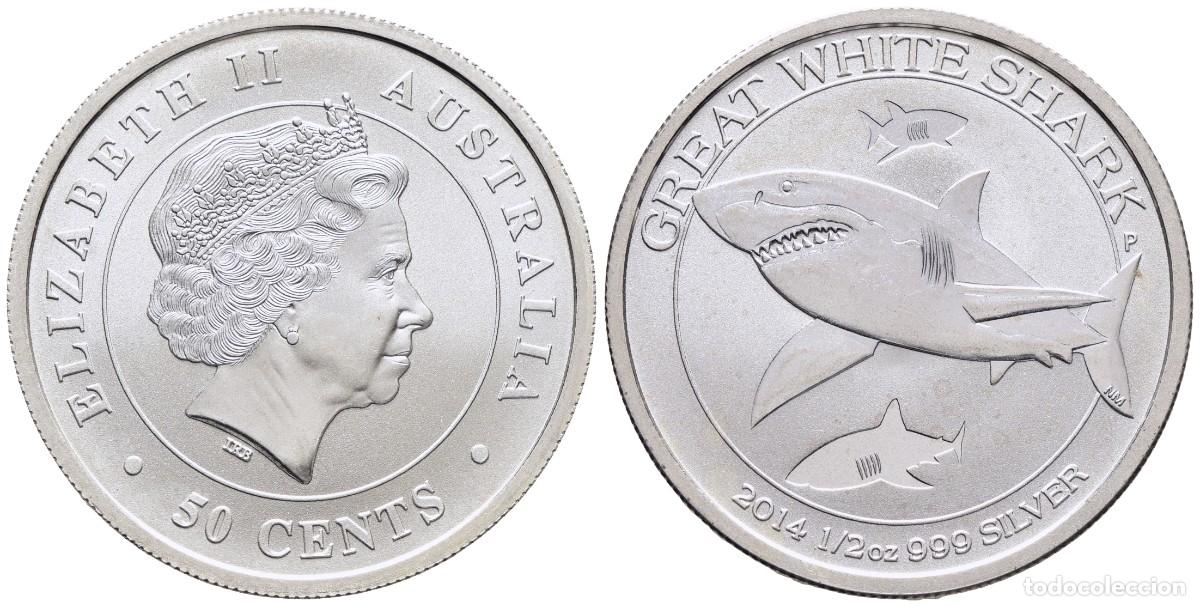 Monedas antiguas de Ocean&iacute;a: *** MAGN&Iacute;FICOS 50 CENTS DE ELIZABETH II, 2014. AUSTRALIA. GRAN TIBUR&Oacute;N BLANCO. PLATA ***
