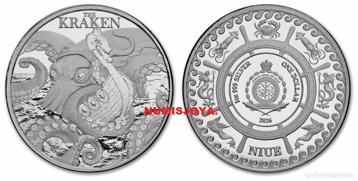 Monedas antiguas de Ocean&iacute;a: NIUE a&ntilde;o 2026. 2 D&oacute;lares Onza Plata. Criaturas M&iacute;ticas EL KRAKEN. Peso 31,10 gr.