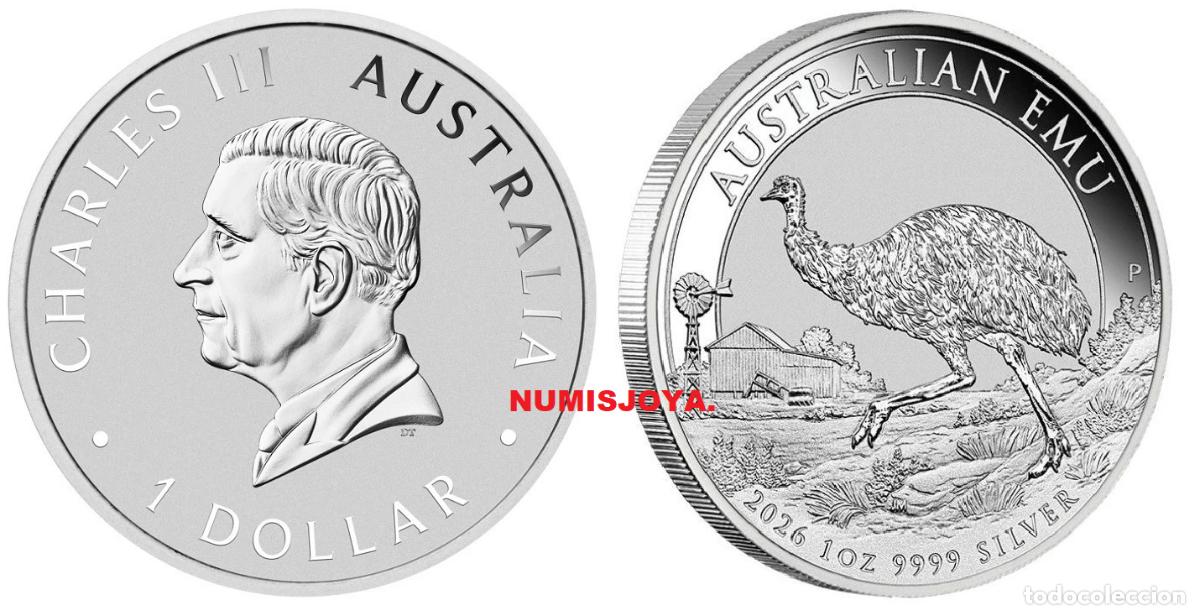 Monedas antiguas de Ocean&iacute;a: AUSTRALIA ONZA 2026. 1 DOLAR plata EMU. Peso 31,10 gr. Ley 999.