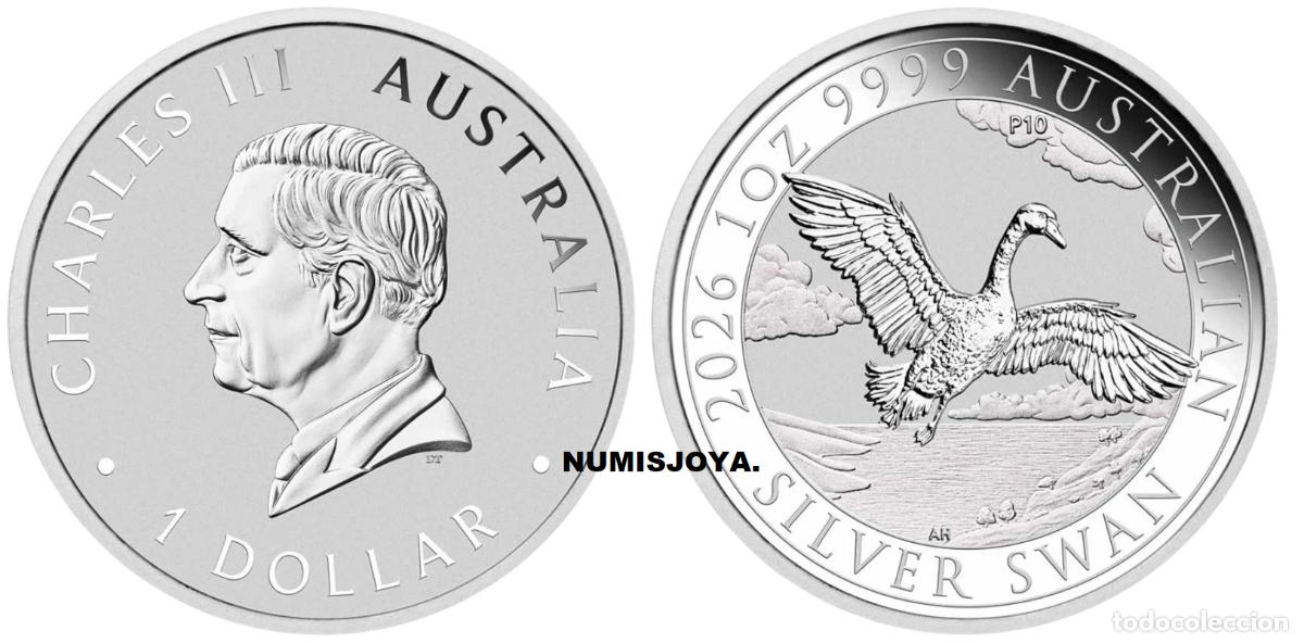 Monedas antiguas de Ocean&iacute;a: AUSTRALIA ONZA 2026. 1 DOLAR plata CISNE. Peso 31,10 gr. Ley 999.
