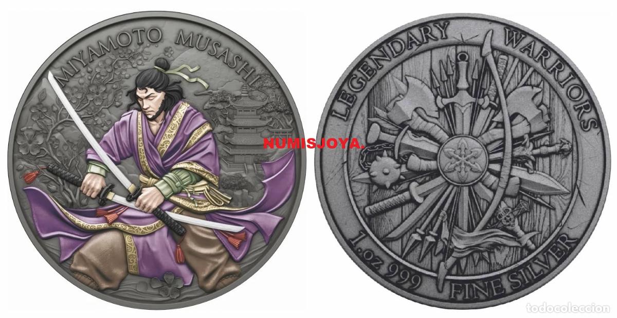 Monedas antiguas de Ocean&iacute;a: USA ONZA PLATA COLOREADA Guerreros Legendarios MIYAMOTO MUSASHI. Peso 31,10 gr. Ley 999. 500 PIEZAS.