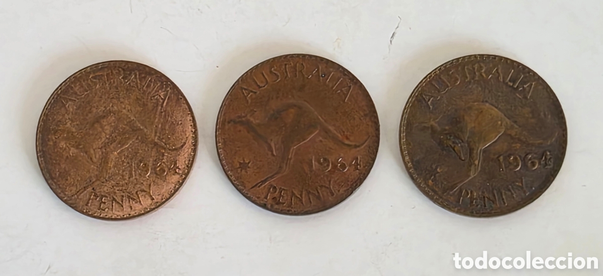 Moedas antigas da Oce&acirc;nia: 3 Monedas Penny Australia 1964 - Canguros Reina Elizabeth II - Australian Coins