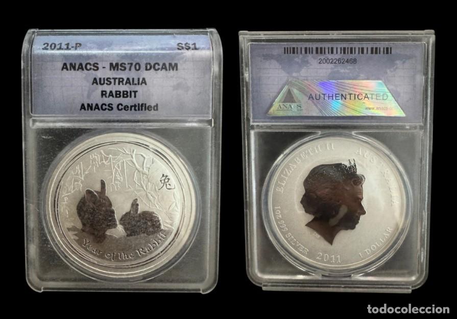 Monedas antiguas de Ocean&iacute;a: Australia 1 Dol&aacute;r A&ntilde;o del Conejo 2011 Km 1475 ANACS- MS70 Onza Plata Pura