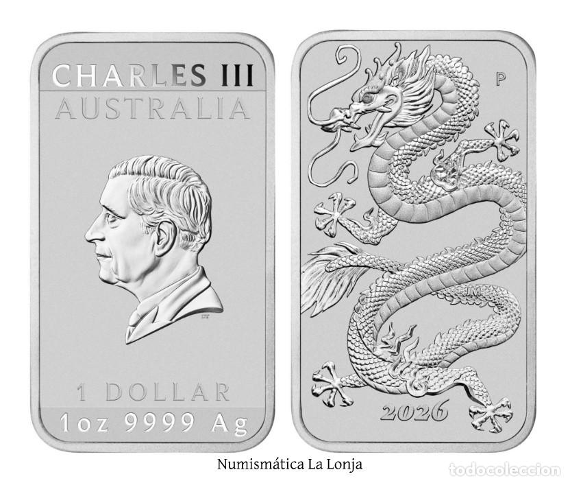 Monedas antiguas de Ocean&iacute;a: Australia Carlos III - 1 D&oacute;lar Drag&oacute;n 2026 Onza Plata Pura