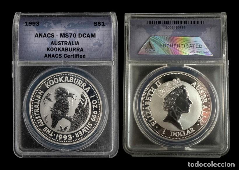 Monedas antiguas de Ocean&iacute;a: Australia 1 D&oacute;lar Cucaburra 1993 Km 209 ANACS- MS70 Onza Plata Pura