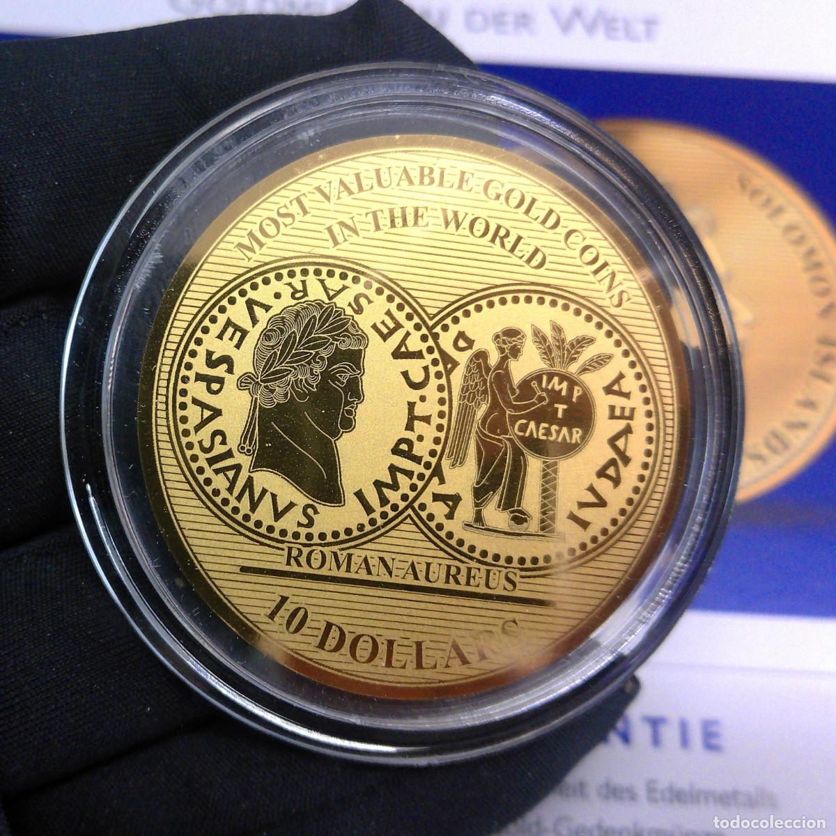 Monedas antiguas de Ocean&iacute;a: Moneda de oro 999 Judea Romana Aureus 70 dC Vespasiano Islas Salom&oacute;n 2018 $10 COA