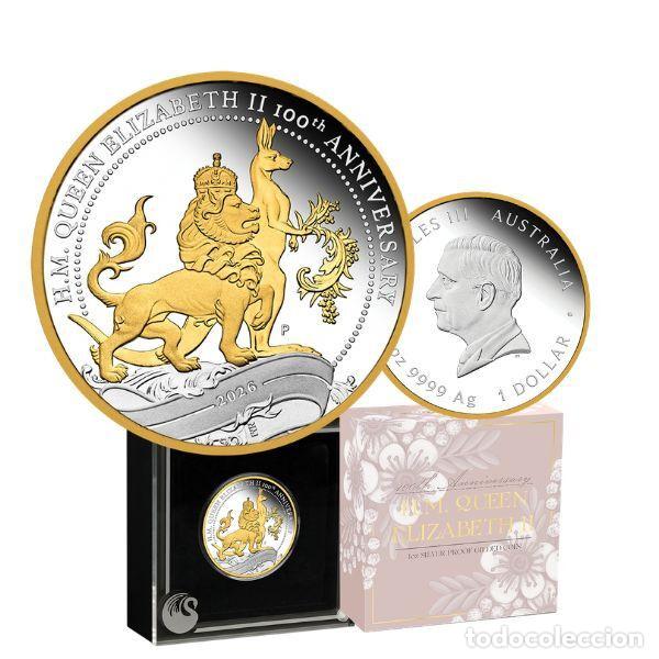 Monedas antiguas de Ocean&iacute;a: 1 d&oacute;lar AUSTRALIA 2026 - 1 oz silver proof ba&ntilde;o oro 100 Aniv. REINA ISABEL II