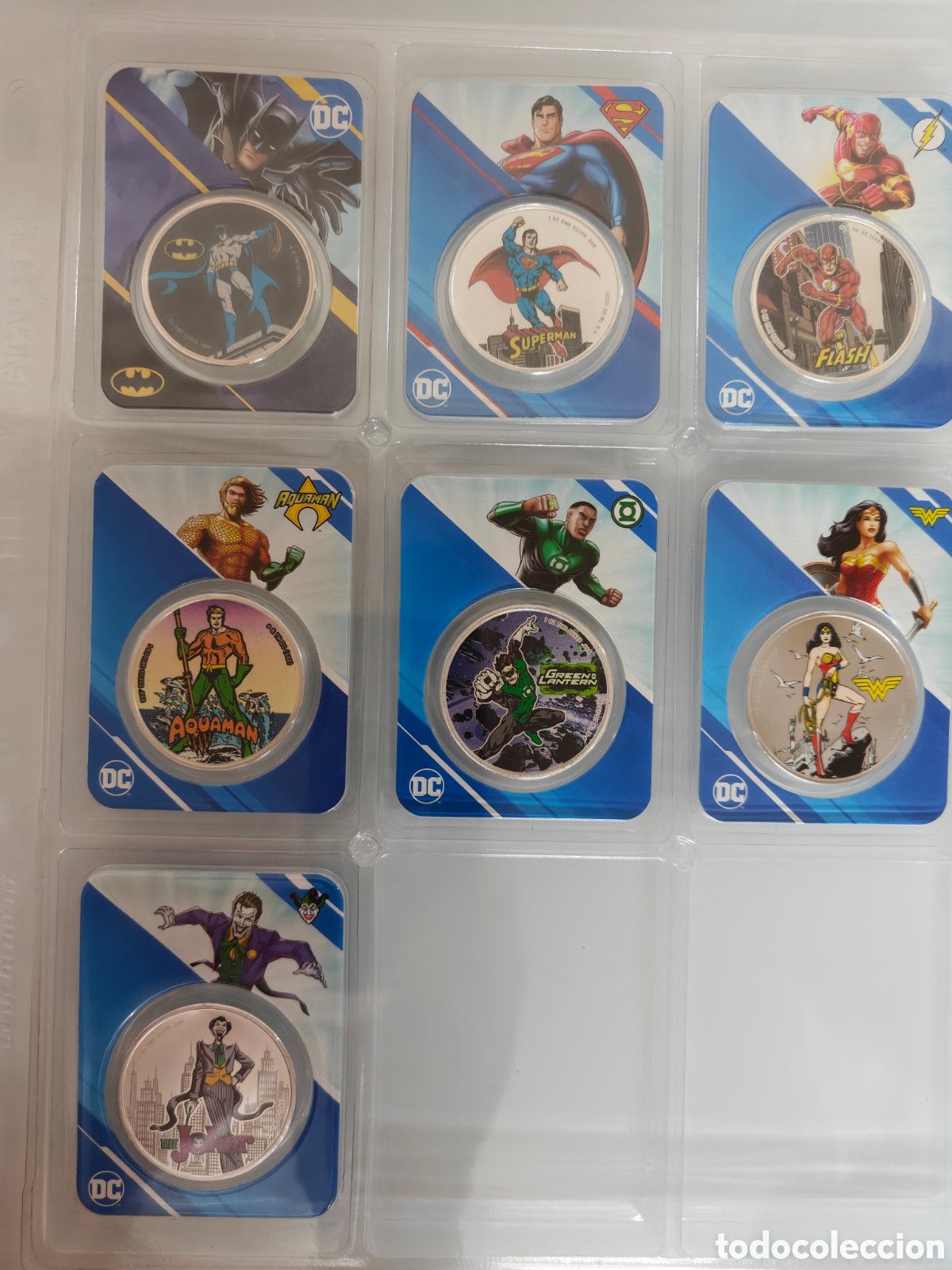 Monedas antiguas de Ocean&iacute;a: 7x ONZAS PLATA COLOR DC BATMAN SUPERMAN AQUAMAN FLASH GREEN SAMOA w.WOMAN JOKER 2500unidades