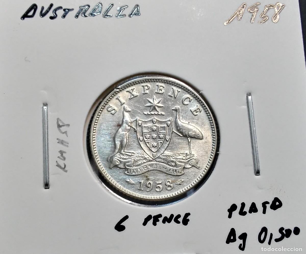 Monedas antiguas de Ocean&iacute;a: AUSTRALIA 6 PENIQUES / PENCE 1958 KM#58 EBC PLATA AG 0,500 2,83 GRAMOS.