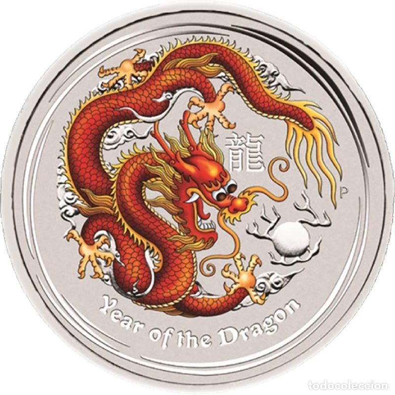 Monedas antiguas de Ocean&iacute;a: AUSTRALIA DOLLAR ONZA DE PLATA PURA LUNAR A&Ntilde;O DEL DRAGON 2012 COLOR ROJO