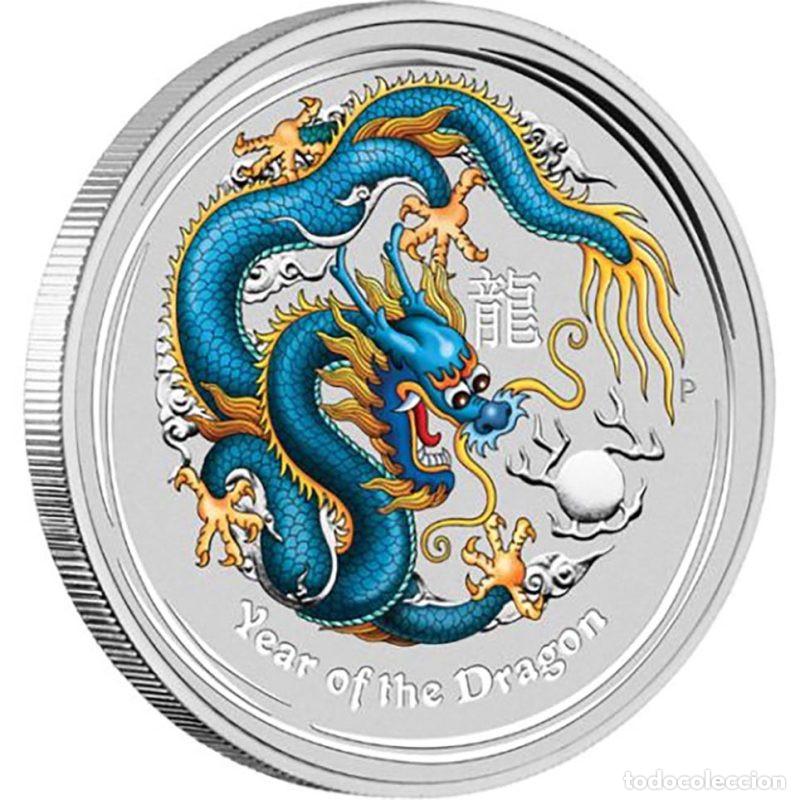 Monedas antiguas de Ocean&iacute;a: AUSTRALIA DOLLAR ONZA DE PLATA PURA LUNAR A&Ntilde;O DEL DRAGON 2012 COLOR AZUL