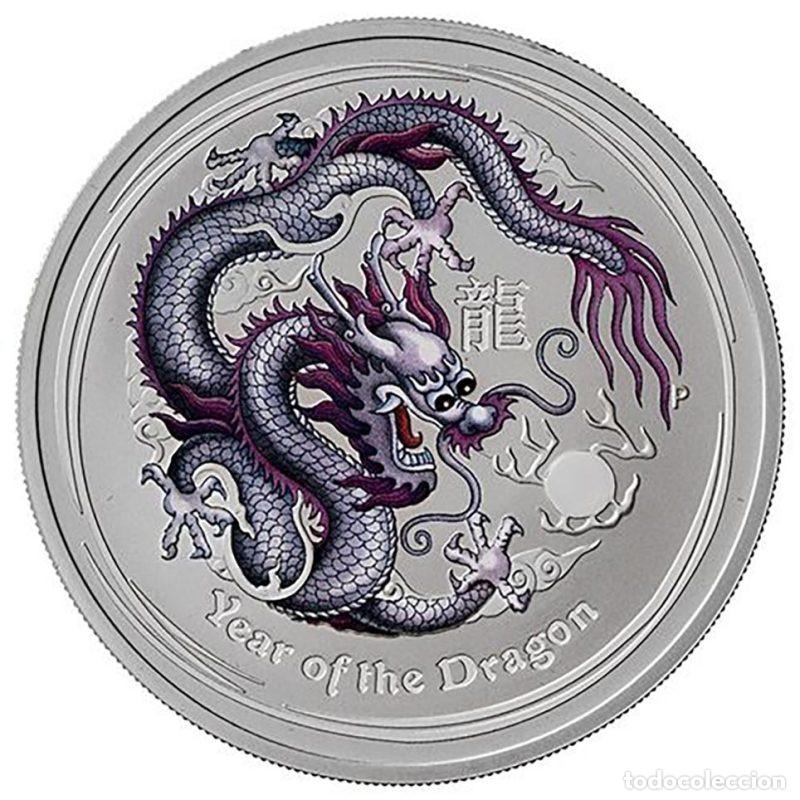 Monedas antiguas de Ocean&iacute;a: AUSTRALIA DOLLAR ONZA DE PLATA PURA LUNAR A&Ntilde;O DEL DRAGON 2012 COLOR VIOLETA